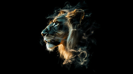 Naklejka premium Majestic lion portrait closeup on dramatic black background powerful wildlife photography digital art. Majestic. Illustration