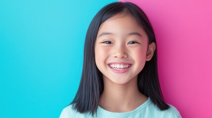 Asian girl laughing against bright background: A joyful.