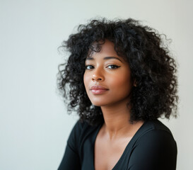 Naklejka premium Portrait of a natural black African American woman model with voluminous, afro hair and a subtle makeup look, isolated against a neutral background