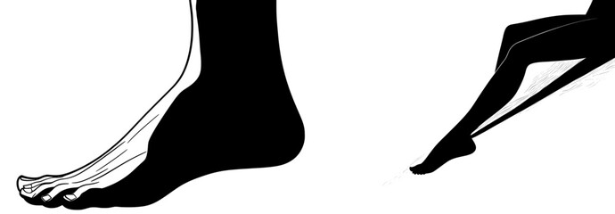 barefoot illustration of a foot silhouette for a woman logo, highlighting the health leg body, limbs and skin for a female person, a beautiful spa for a modern graphic background.
