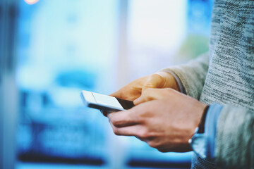 Hands, person and conversation on smartphone with message notification for communication and networking. Closeup, app and online texting on website or internet for social media, interaction and chat