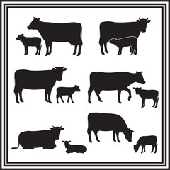 Cow and cow baby silhouette illustration isolated on white background