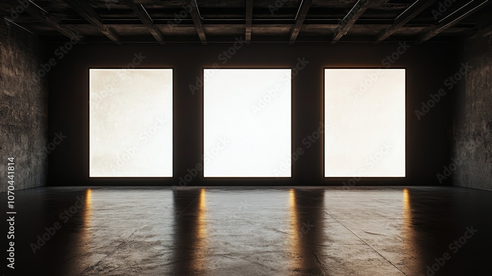 Poster front view of three vertical video screens with bright white displays in a dark room, creating a min