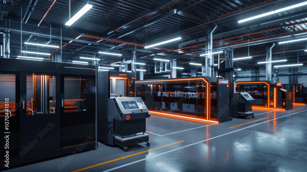 Poster modern manufacturing plant featuring advanced printers in operation during daytime, showcasing an or