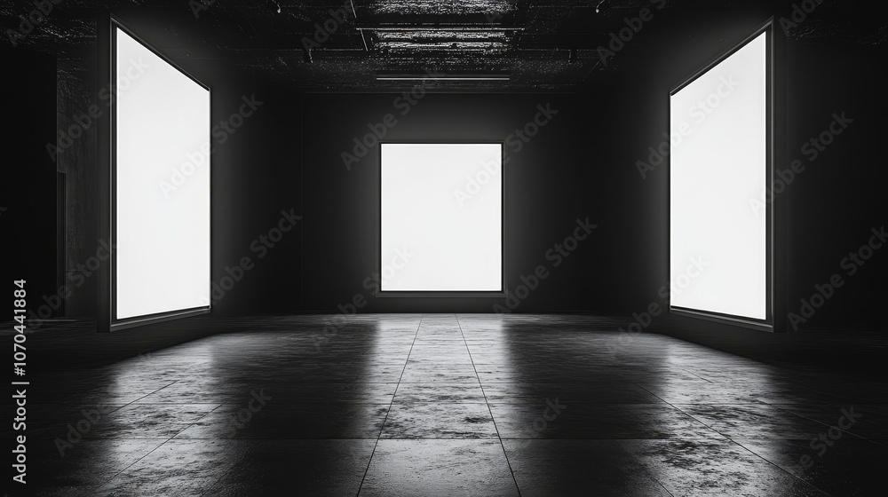 Poster front view of three vertical video screens with bright white displays in a dark room, creating a min