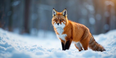 Fototapeta premium A majestic red fox stands poised in a snowy landscape, showcasing its vibrant fur and keen gaze, perfect for nature, wildlife, and winter-themed projects.