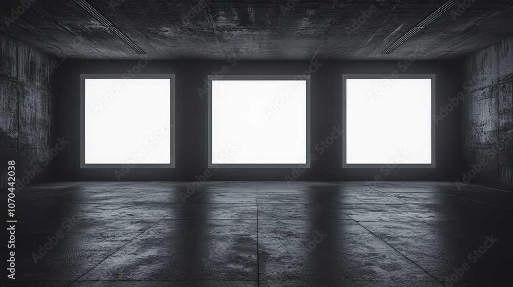 Aufkleber front view of three vertical video screens with bright white displays in a dark room, creating a min