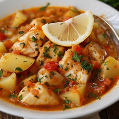 A close-up of a bowl of fish stew with potatoes, tomatoes, and lemon, garnished with parsley. The stew is simmering in a rich, red broth