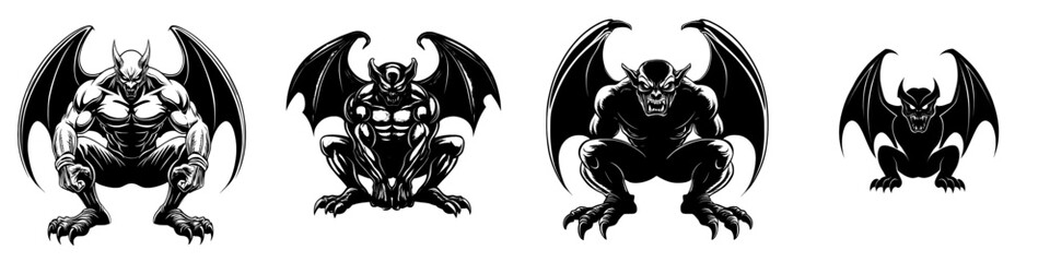 Fototapeta premium Cutout graphic black and white illustration of a gargoyle creature decorated with Victorian flourishes