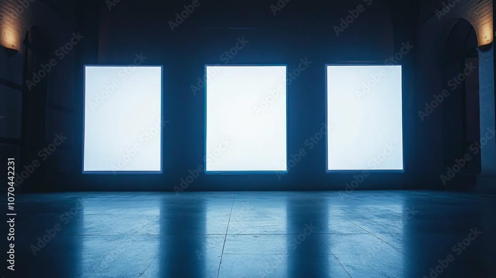 Poster front view of three vertical video screens with bright white displays in a dark room, creating a min