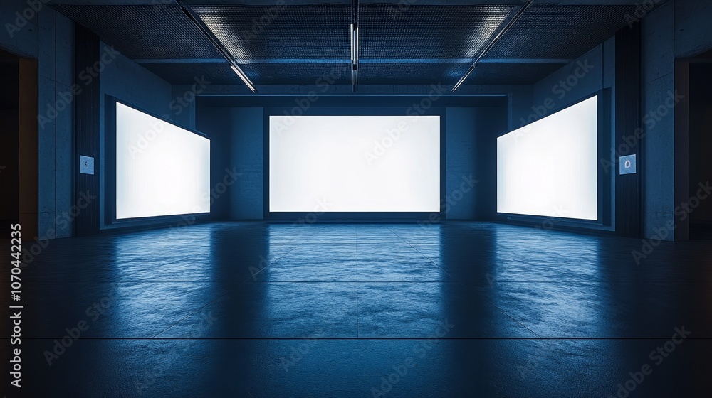 Poster front view of three vertical video screens with bright white displays in a dark room, creating a min