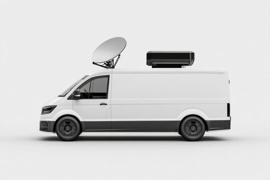 Modern white van with a compact satellite dish mounted on the roof. 