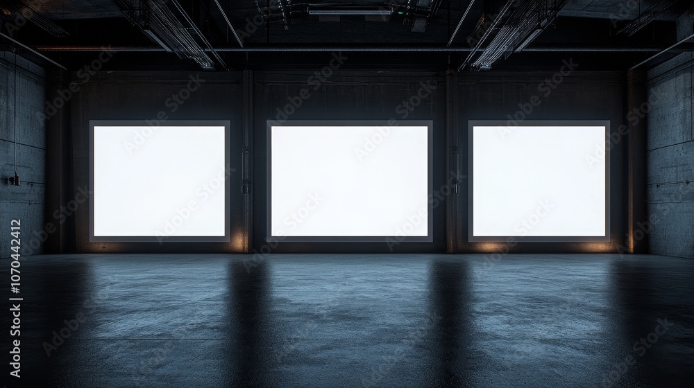 Poster front view of three vertical video screens with bright white displays in a dark room, creating a min