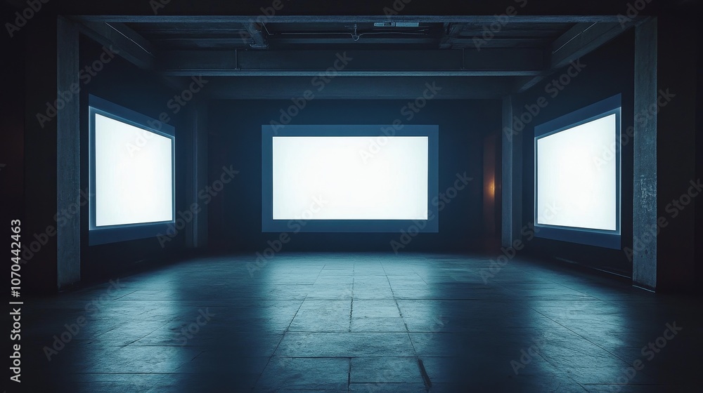 Poster front view of three vertical video screens with bright white displays in a dark room, creating a min
