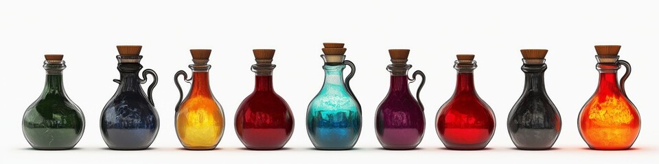 Mystical 3D potions in bottles, glowing liquids, various colors displayed on a white background. AI generated