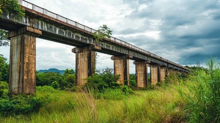 Fototapeta premium An old, weathered railroad bridge with rust and concrete pillars stands tall over a grassy field and trees with storm clouds in the background.