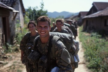 Fototapeta premium A group of soldiers wearing camouflage uniforms hike through a rustic village path, with their backpacks and gear, showing camaraderie and determination in their mission.