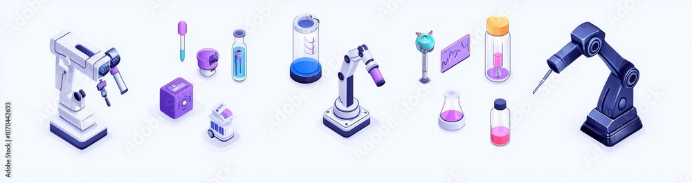 Poster an experiment involving robots in a laboratory and modern furniture. a scientific research lan using