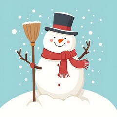 Snowman with broom, hat, and scarf in a winter scene