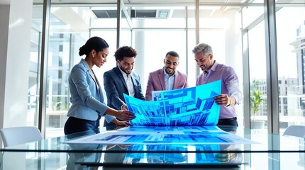 Diverse team collaborating on architectural blueprints in modern office setting