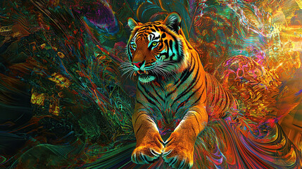 TIGER, dragon, water, design, fish, illustration, painting, pattern, sea, nature, color, flower, colorful, paint, in a dreamscape the surface reflects the early mor, untry, generative ai, landscape, 