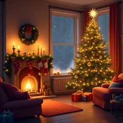 A cozy Christmas living room with a decorated tree, fireplace, lights, presents, and festive ornaments, creating a warm holiday atmosphere for family celebration
