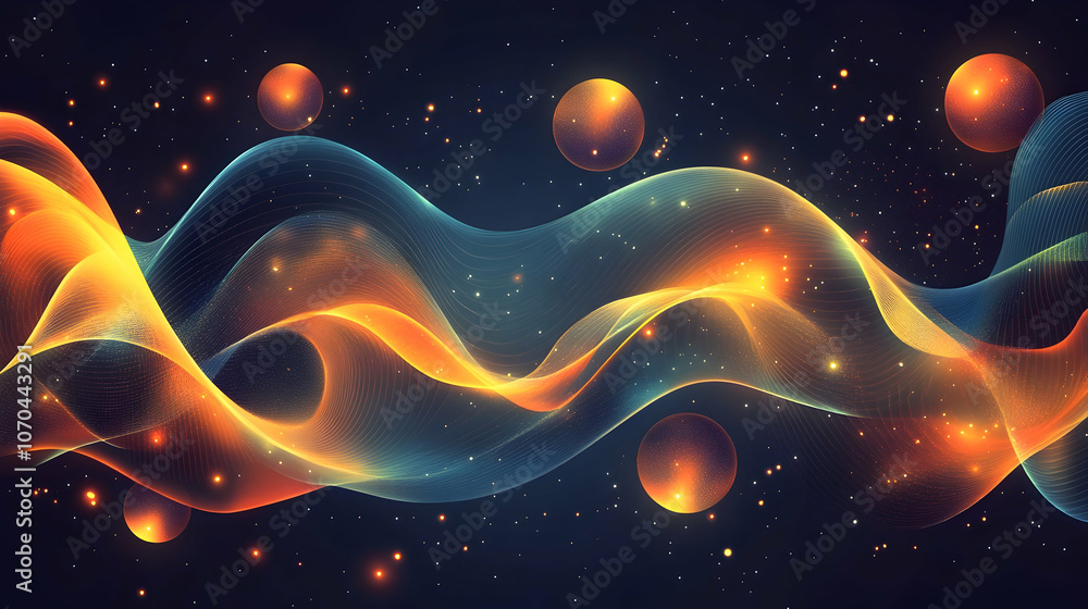 Poster abstract glowing waves with orbs and particles in a dark space.