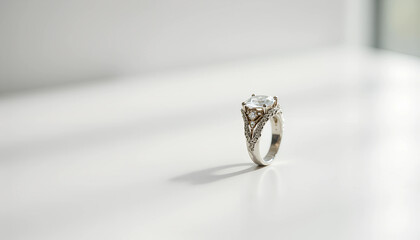 Elegant vintage silver engagement ring with a diamond centerpiece on a bright surface