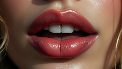 Close-up of a person's lips with a glossy finish, highlighting a natural smile in soft lighting