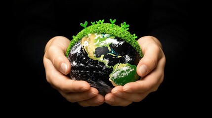 Hands cradling a model earth with green energy symbols