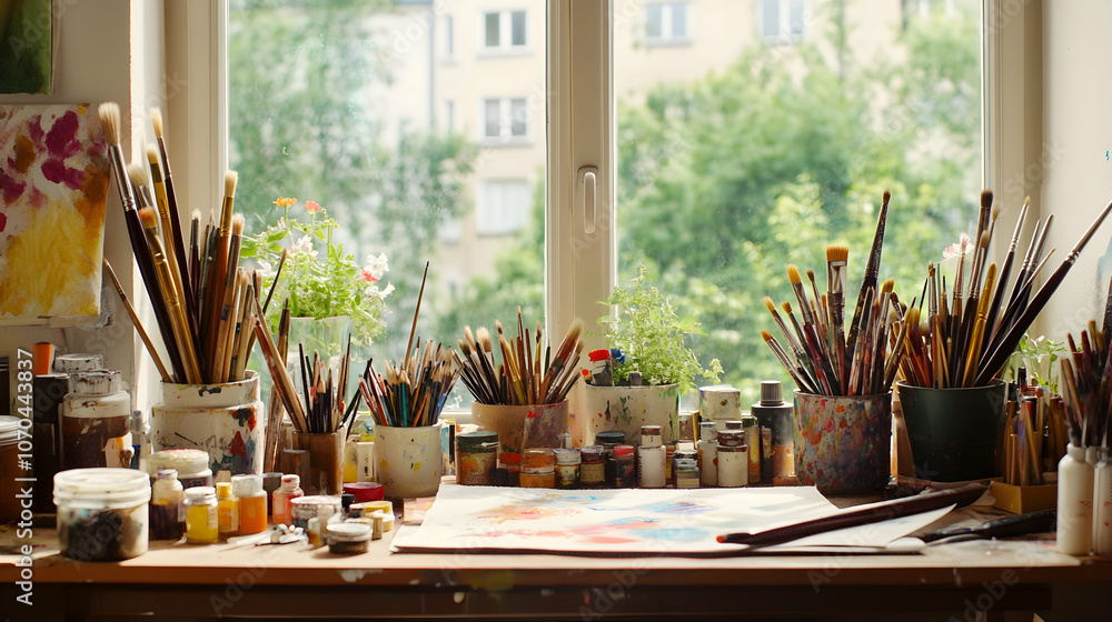 Poster an artist's workspace with paintbrushes, paints, and a canvas in front of a window with a view of na