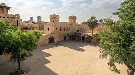 Naklejka premium Dubai historic Al Fahidi Fort with sand surroundings. Copy space