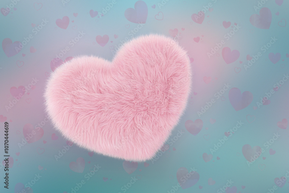 Poster Soft pink fluffy heart against a pastel background with smaller heart patterns, perfect for romantic themes.