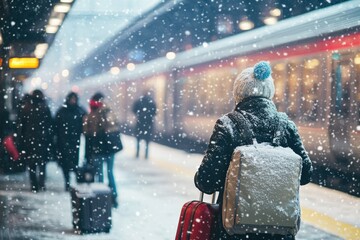 A group of travelers, bundled in winter coats, waiting at a snow-covered train station during a winter snowfall