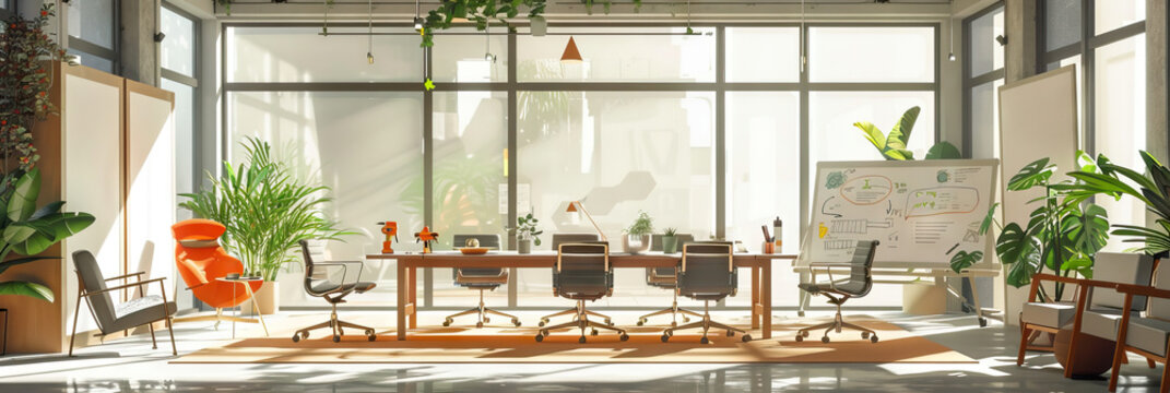 A room filled with natural light, featuring a large collaborative table surrounded by chairs and whiteboard walls, with various tools and plants scattered about.