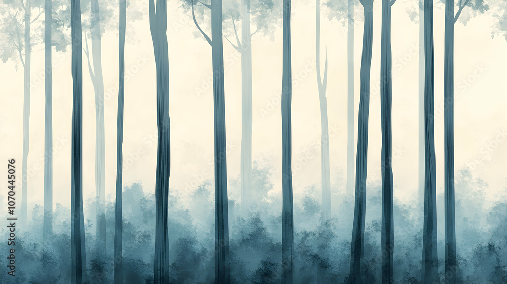 Poster misty forest with tall trees and soft light.