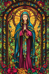 Fototapeta premium Colorful stained glass artwork depicting the Virgin Mary in prayer, surrounded by intricate floral patterns and radiant golden light, symbolizing peace and devotion. 