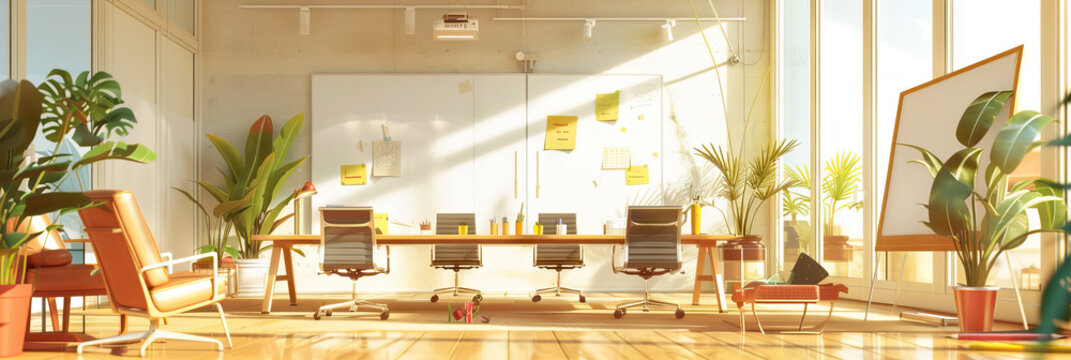 A room filled with natural light, featuring a large collaborative table surrounded by chairs and whiteboard walls, with various tools and plants scattered about.