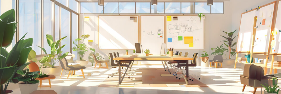 A room filled with natural light, featuring a large collaborative table surrounded by chairs and whiteboard walls, with various tools and plants scattered about.