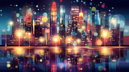Fototapeta premium Night cityscape with lights reflecting in water.