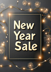 A black sign with gold lettering that says New Year Sale