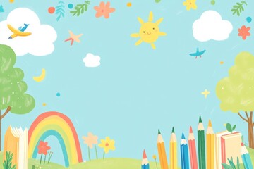 a cover page for an nursery school notebook, featuring blue design with blank space 