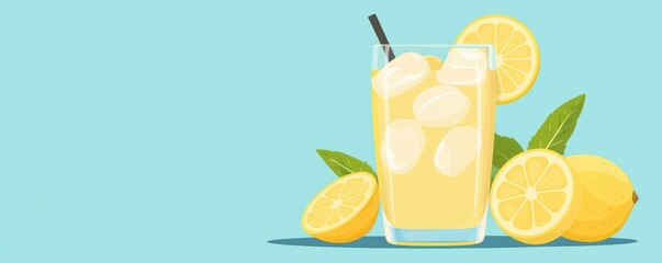 A refreshing glass of lemonade with ice, surrounded by whole lemons and green leaves