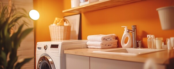 Laundry room with a washing machine, towels, and detergents. Capturing everyday life and organization.