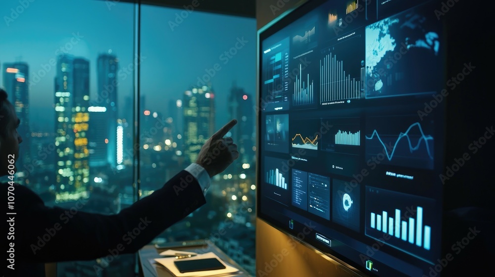 Poster businessman analyzing data on a large screen in a modern office with a cityscape view.