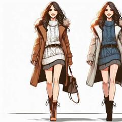 Stylish Trendy Business Fashion Woman Model Smiling and Walking on White Background Drawing Avatar