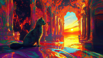 In a dreamscape the surface reflects the early mor,untry, generative ai, landscape, architecture, curtoone, chasny house, background, art nouveau, city, skyline, skyscraper, building, view, panorama, 