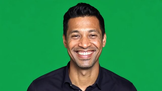 Businessman smiling against a green screen background. Dressed in a black shirt, he exudes a friendly and approachable vibe