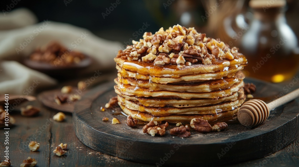 Aufkleber pancake stack with honey and nuts on top copy space