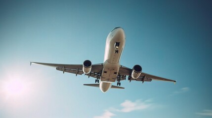 Fototapeta premium Airplane Landing in Bright Blue Sky